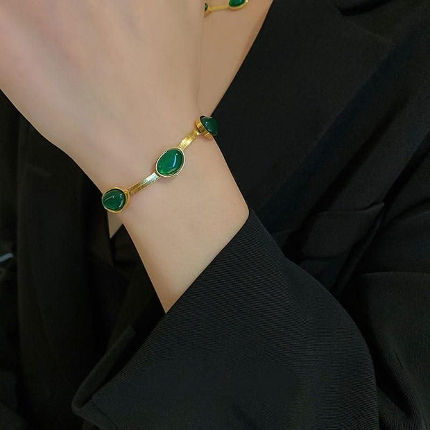 Oval Green Crystal Pendant Necklace Set With Bracelet - Shoporaa