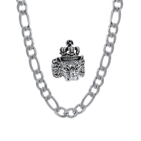 Silver plated chain with silver plated KGF LION shape adjustable ring combo set Rhodium Plated Stainless Steel Chain - Shoporaa