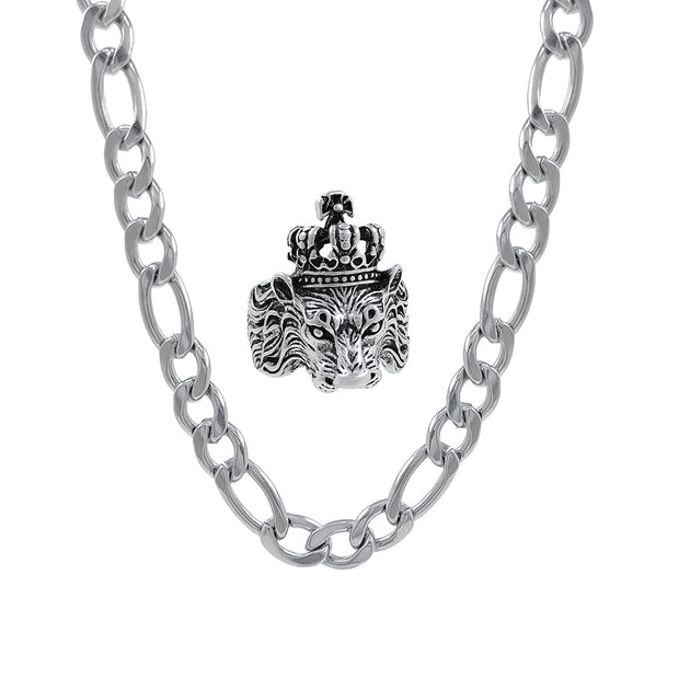 Silver plated chain with silver plated KGF LION shape adjustable ring combo set Rhodium Plated Stainless Steel Chain - Shoporaa