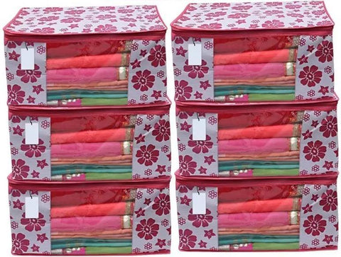 Polka Pink Flower Design Pack Of 6 Non Woven Fabric Saree Cover/ Clothes Small Travel Bag - Shoporaa