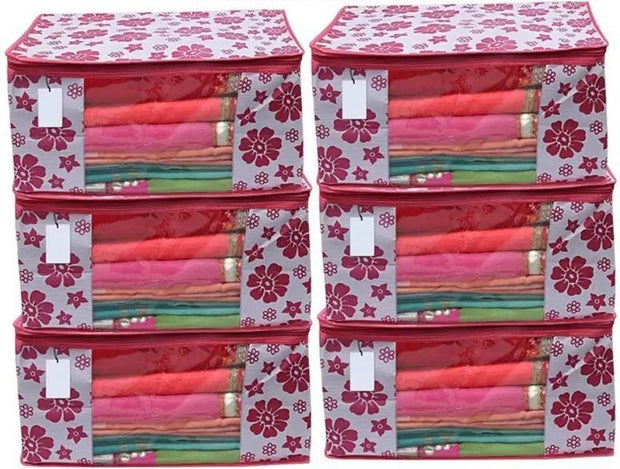 Polka Pink Flower Design Pack Of 6 Non Woven Fabric Saree Cover/ Clothes Small Travel Bag - Shoporaa