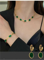 Oval Green Crystal Pendant Necklace Set With Bracelet - Shoporaa