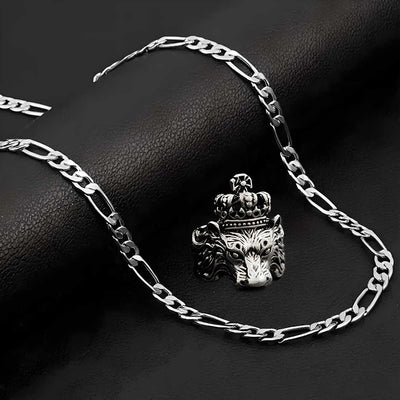 Silver plated chain with silver plated KGF LION shape adjustable ring combo set Rhodium Plated Stainless Steel Chain - Shoporaa
